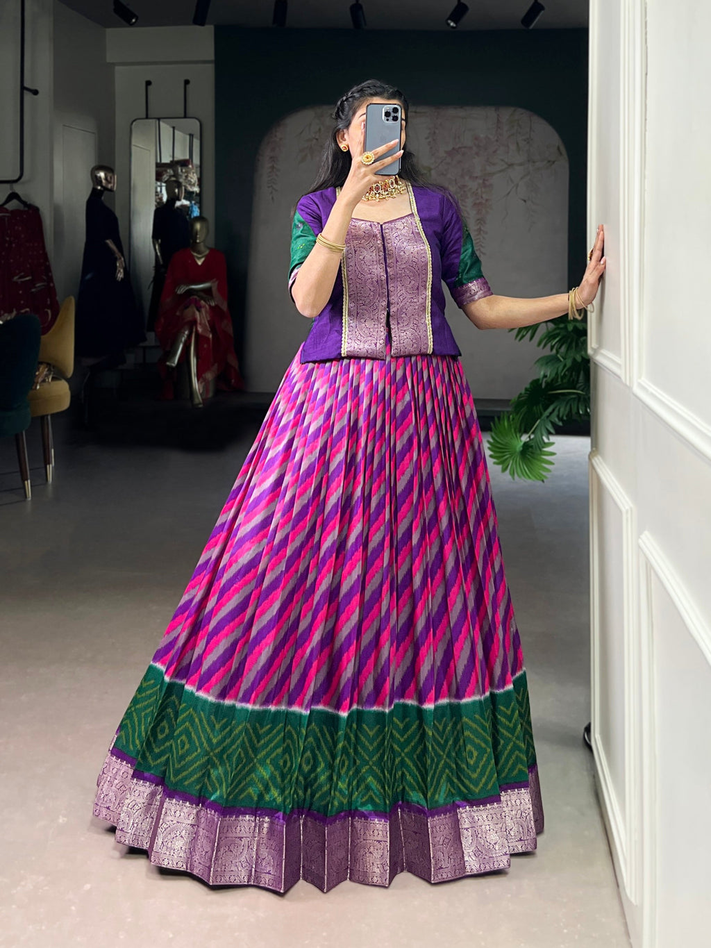 Lorenvalley Fashion Purple Tasar Silk Leheriya Print With Zari Weaving Work Lehenga Choli - Distacart
