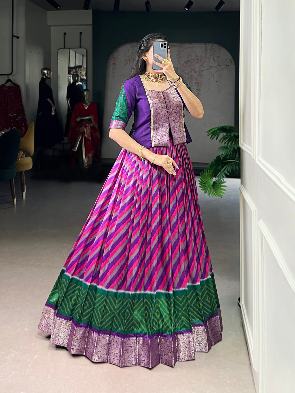 Lorenvalley Fashion Purple Tasar Silk Leheriya Print With Zari Weaving Work Lehenga Choli - Distacart