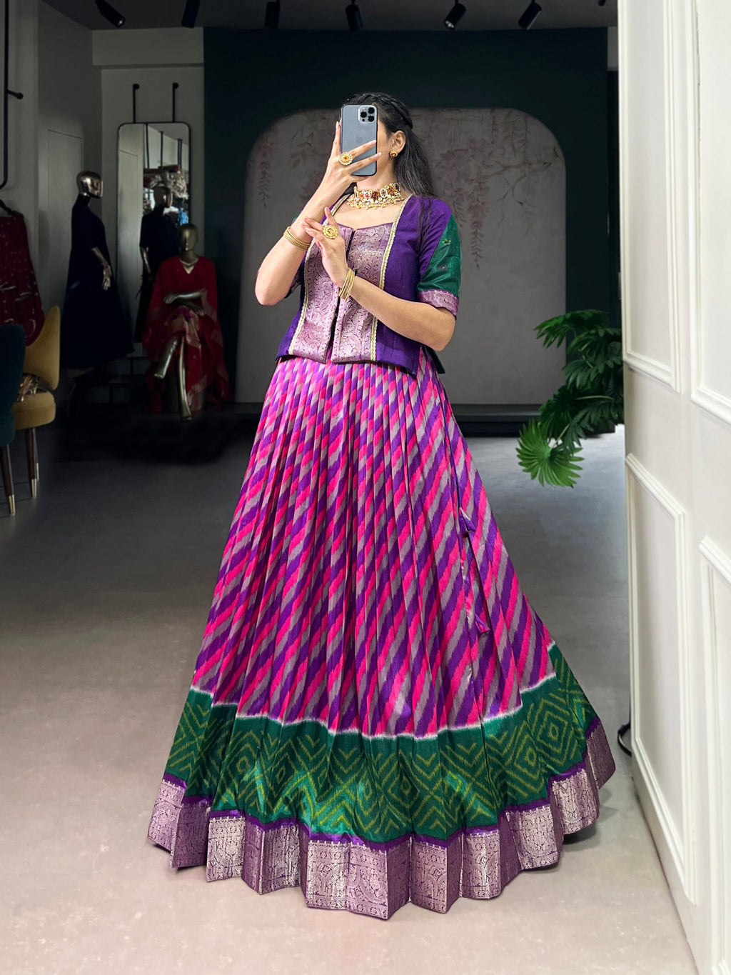 Lorenvalley Fashion Purple Tasar Silk Leheriya Print With Zari Weaving Work Lehenga Choli - Distacart