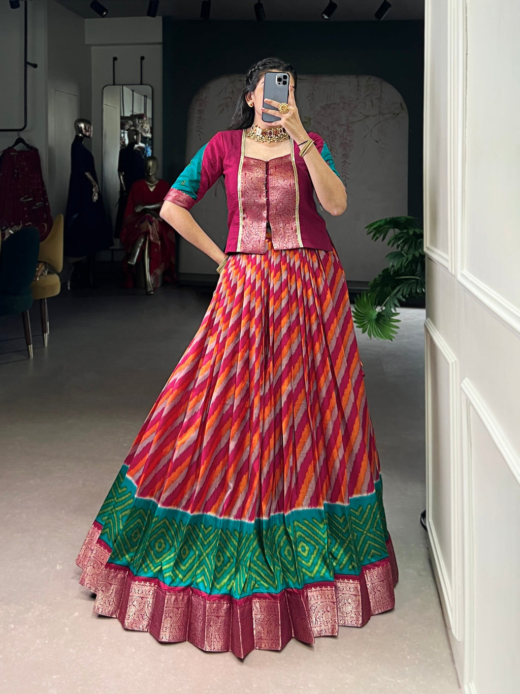 Lorenvalley Fashion Red Tasar Silk Leheriya Print With Zari Weaving Work Lehenga Choli - Distacart