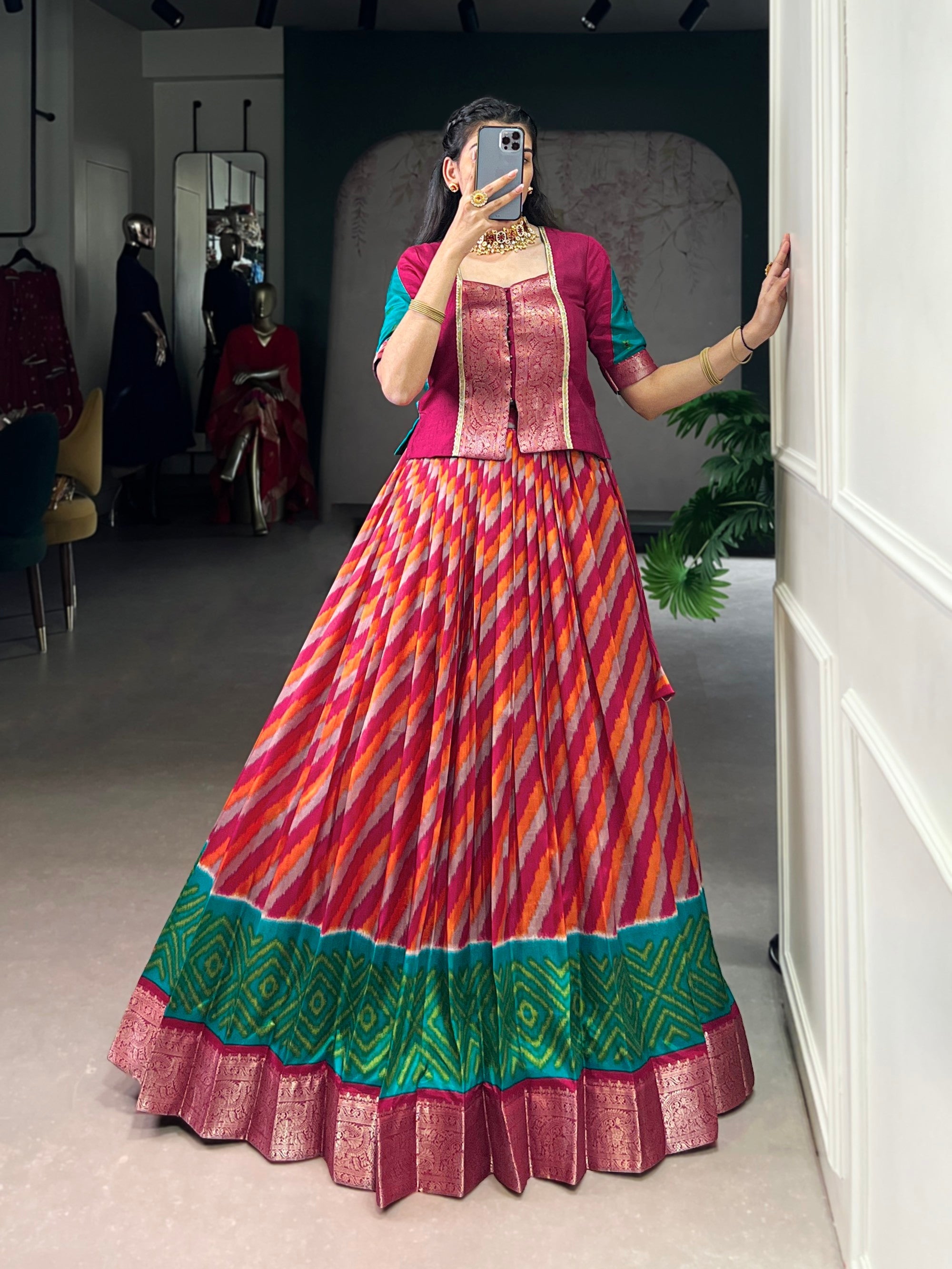 Lorenvalley Fashion Red Tasar Silk Leheriya Print With Zari Weaving Work Lehenga Choli - Distacart