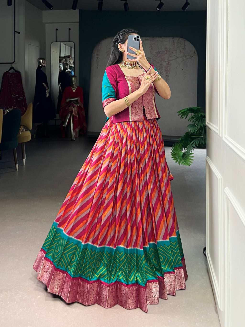 Lorenvalley Fashion Red Tasar Silk Leheriya Print With Zari Weaving Work Lehenga Choli - Distacart