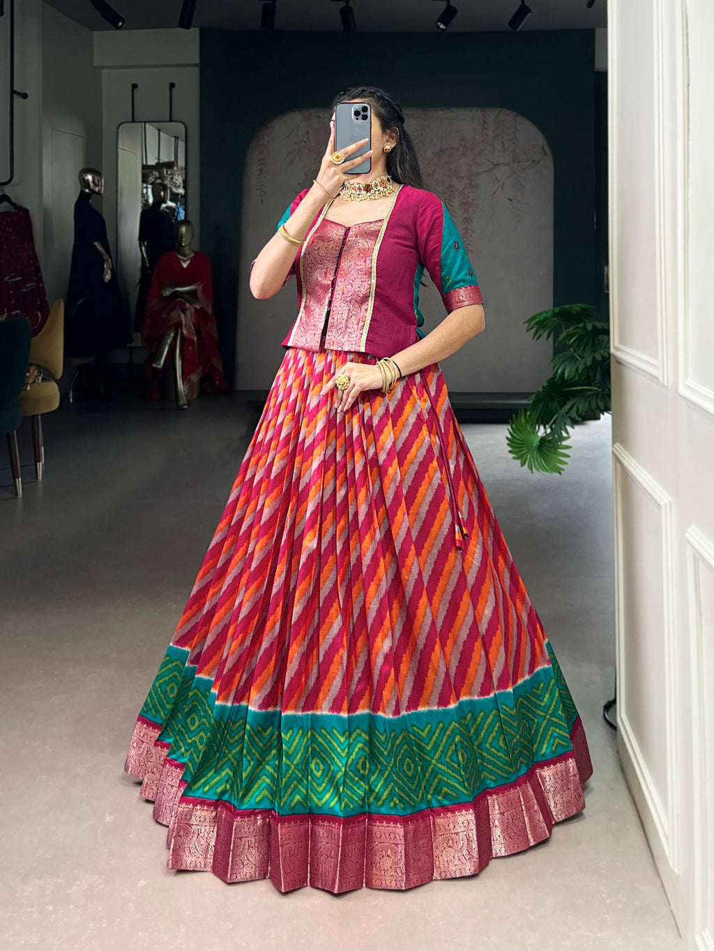 Lorenvalley Fashion Red Tasar Silk Leheriya Print With Zari Weaving Work Lehenga Choli - Distacart