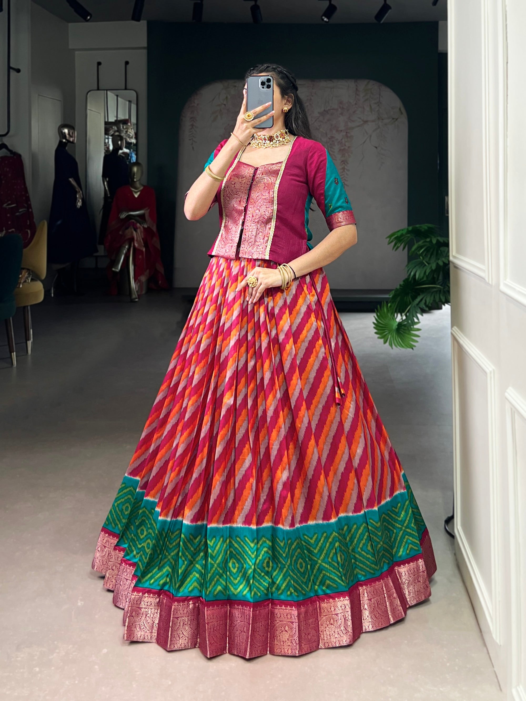 Lorenvalley Fashion Red Tasar Silk Leheriya Print With Zari Weaving Work Lehenga Choli - Distacart
