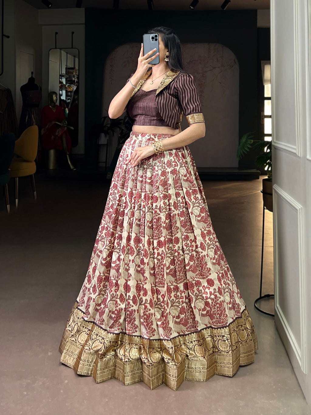 Lorenvalley Fashion Multicolor Tasar Silk Printed with Viscose Border Lehenga Choli - Distacart