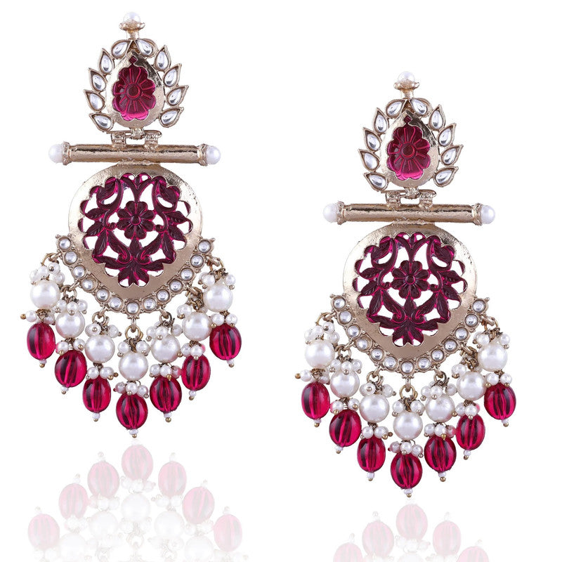Tehzeeb Creations Latest Gold Polish Kundan & Pearl Studded Designer Drop Long Earrings For Women And Girls Maroon - Distacart