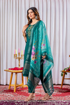 Vedant Vastram Viscose Silk Hand Work & Embroidery Work Stitched Kurta Pant Dupatta Set-Green - Distacart