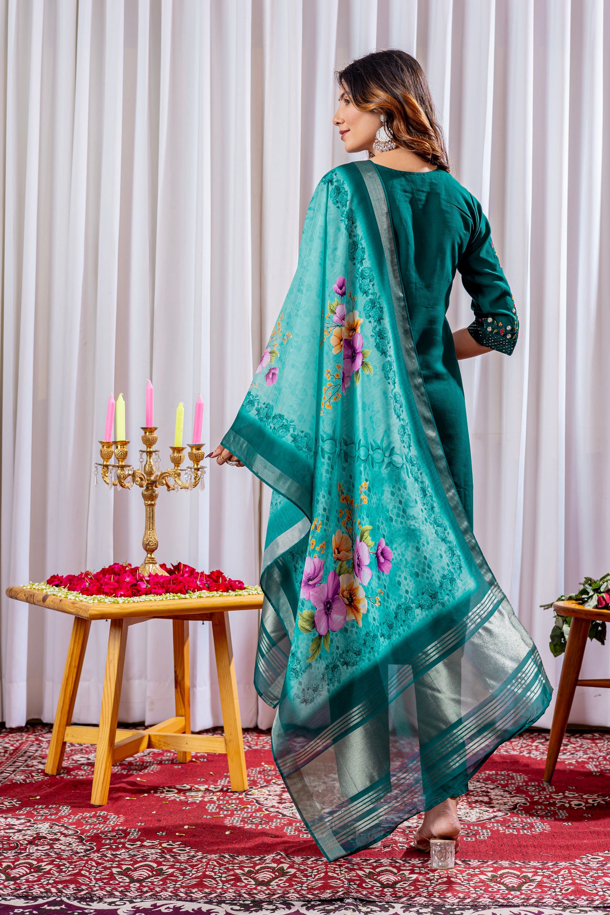 Vedant Vastram Viscose Silk Hand Work & Embroidery Work Stitched Kurta Pant Dupatta Set-Green - Distacart