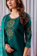 Vedant Vastram Viscose Silk Hand Work & Embroidery Work Stitched Kurta Pant Dupatta Set-Green - Distacart