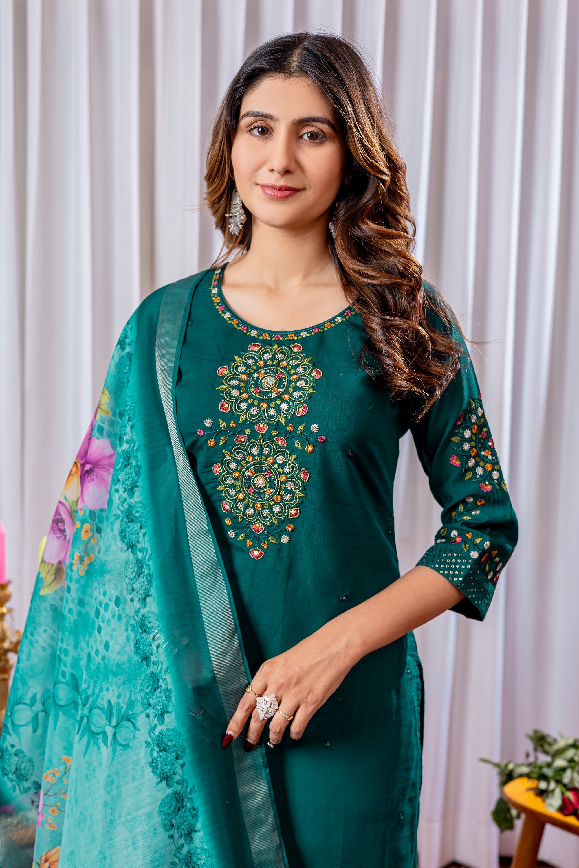 Vedant Vastram Viscose Silk Hand Work & Embroidery Work Stitched Kurta Pant Dupatta Set-Green - Distacart