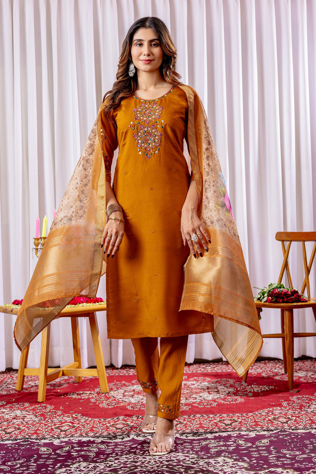 Vedant Vastram Viscose Silk Hand Work & Embroidery Work Stitched Kurta Pant Dupatta Set-Mustard - Distacart