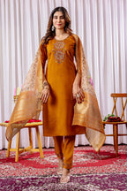 Vedant Vastram Viscose Silk Hand Work & Embroidery Work Stitched Kurta Pant Dupatta Set-Mustard - Distacart