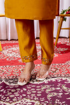 Vedant Vastram Viscose Silk Hand Work & Embroidery Work Stitched Kurta Pant Dupatta Set-Mustard - Distacart
