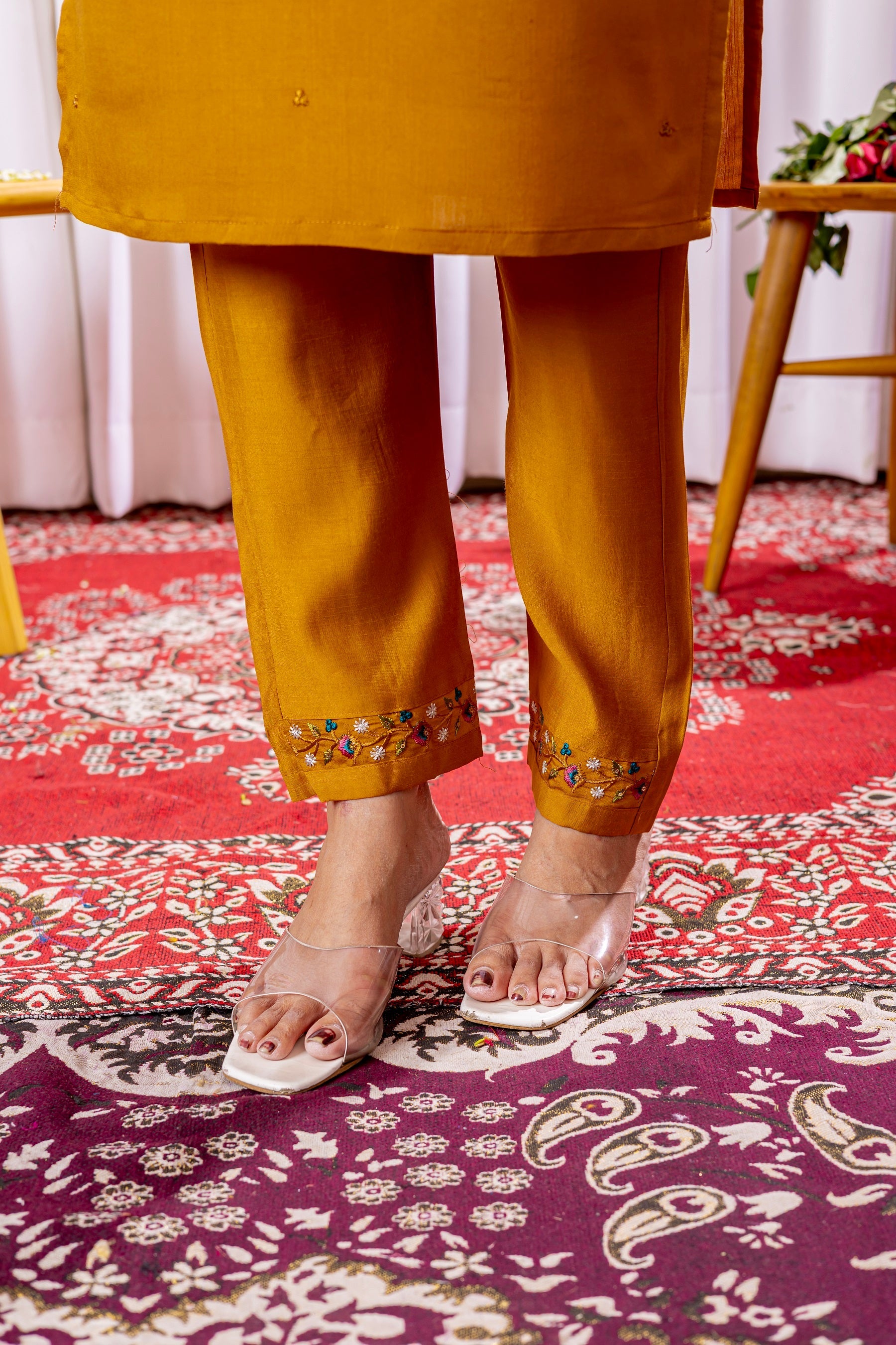 Vedant Vastram Viscose Silk Hand Work & Embroidery Work Stitched Kurta Pant Dupatta Set-Mustard - Distacart