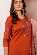 Vedant Vastram Viscose Silk Hand Work & Embroidery Work Stitched Kurta Pant Dupatta Set-Orange - Distacart
