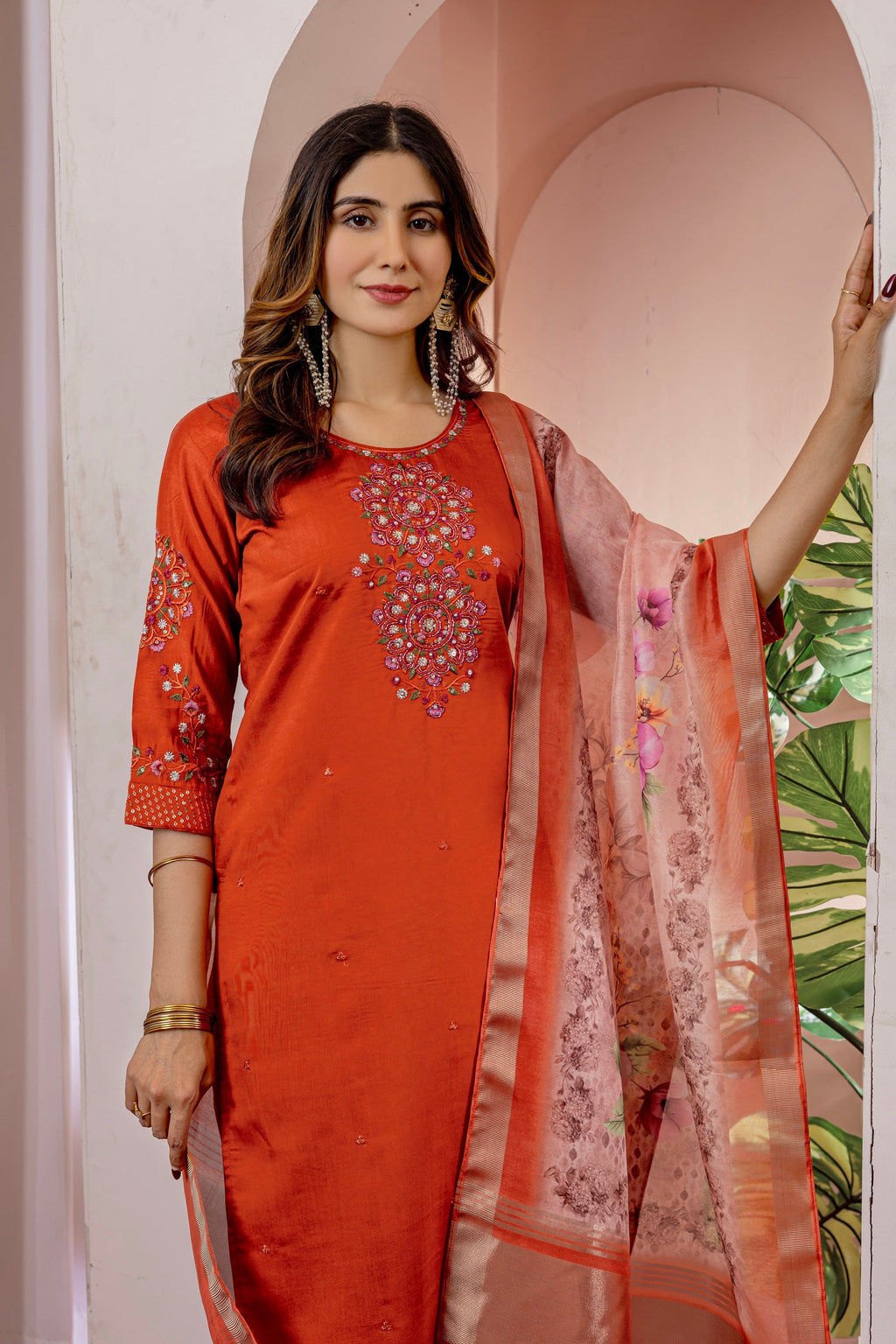 Vedant Vastram Viscose Silk Hand Work & Embroidery Work Stitched Kurta Pant Dupatta Set-Orange - Distacart