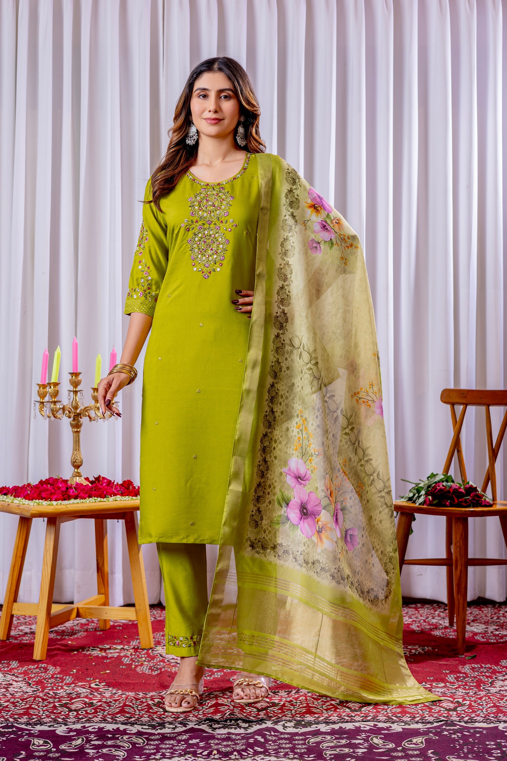 Vedant Vastram Viscose Silk Hand Work & Embroidery Work Stitched Kurta Pant Dupatta Set-Parrot Green - Distacart