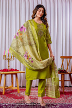 Vedant Vastram Viscose Silk Hand Work & Embroidery Work Stitched Kurta Pant Dupatta Set-Parrot Green - Distacart