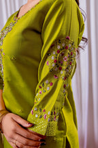 Vedant Vastram Viscose Silk Hand Work & Embroidery Work Stitched Kurta Pant Dupatta Set-Parrot Green - Distacart