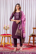 Vedant Vastram Viscose Silk Hand Work & Embroidery Work Stitched Kurta Pant Dupatta Set-Wine - Distacart
