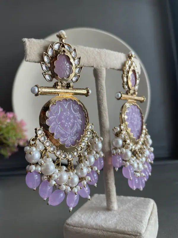 Tehzeeb Creations Latest Gold Polish Kundan & Pearl Studded Designer Drop Long Earrings For Women And Girls Lavender - Distacart