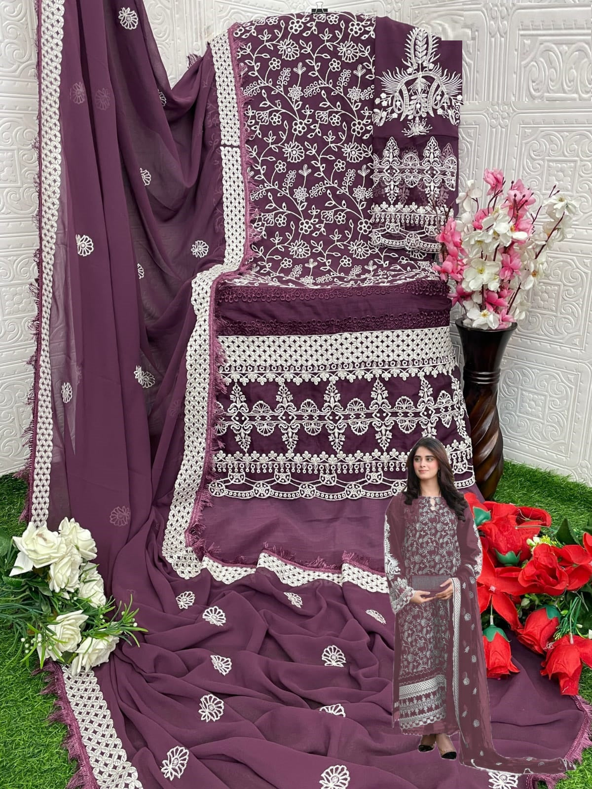 Anaita Purple Embroidered Faux Georgette Salwar Suit - Distacart