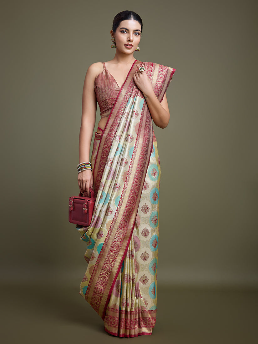 Monjolika Fashion Elegant Maroon And Cream Banarasi Silk SareeWith Intricate Zari Work