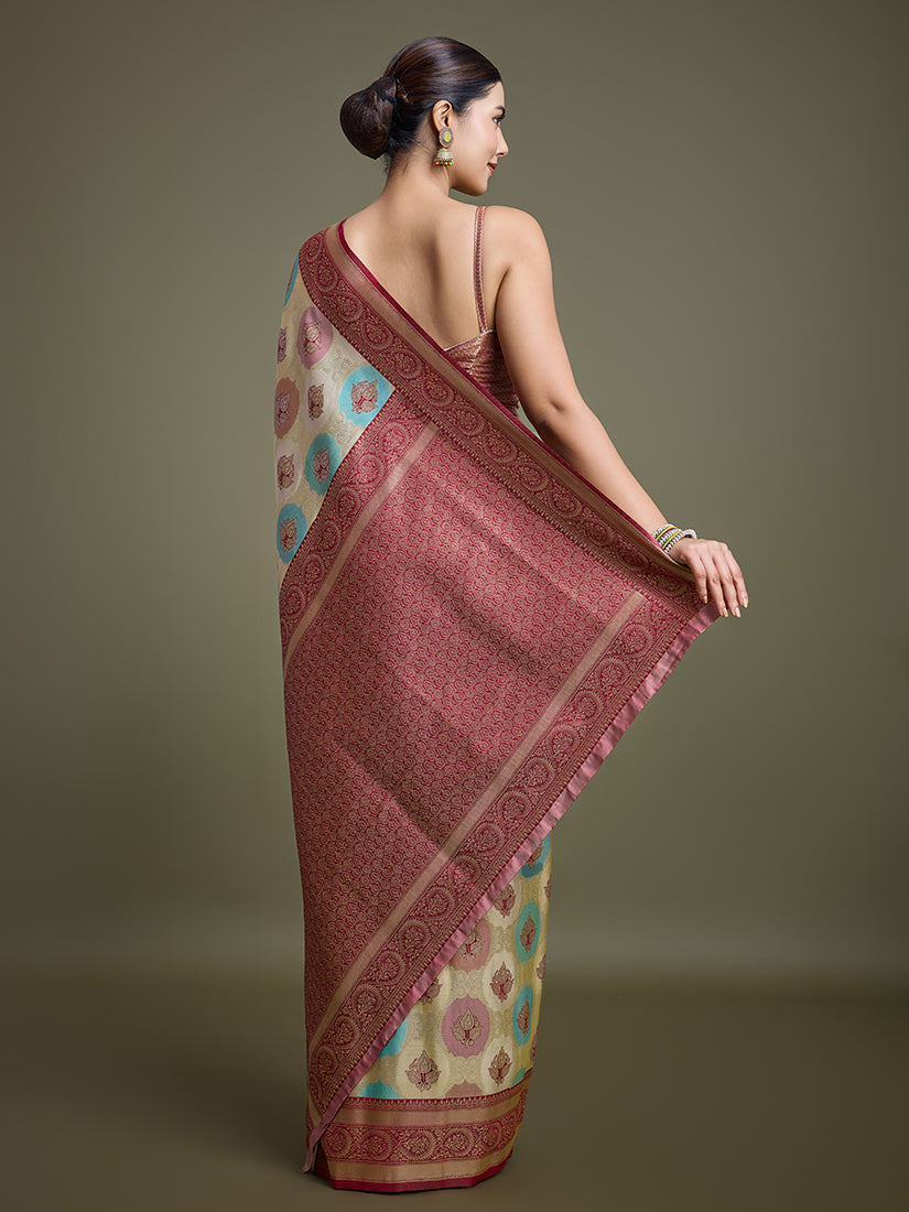 Monjolika Fashion Elegant Maroon And Cream Banarasi Silk SareeWith Intricate Zari Work