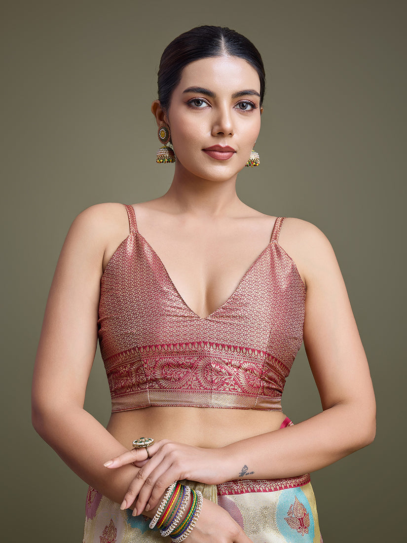 Monjolika Fashion Elegant Maroon And Cream Banarasi Silk SareeWith Intricate Zari Work