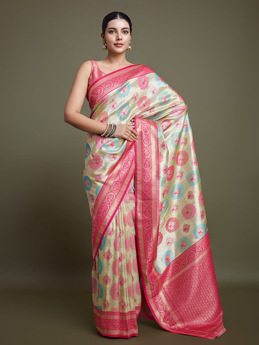 Monjolika Fashion Elegant Pink And Cream Banarasi Silk SareeWith Intricate Zari Work
