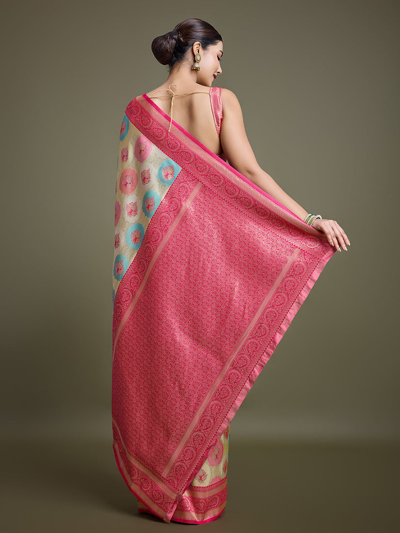 Monjolika Fashion Elegant Pink And Cream Banarasi Silk SareeWith Intricate Zari Work
