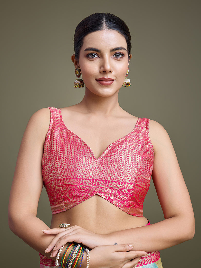 Monjolika Fashion Elegant Pink And Cream Banarasi Silk SareeWith Intricate Zari Work