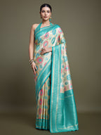 Monjolika Fashion Elegant Turquoise And Cream Banarasi Silk SareeWith Intricate Zari Work
