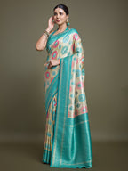 Monjolika Fashion Elegant Turquoise And Cream Banarasi Silk SareeWith Intricate Zari Work