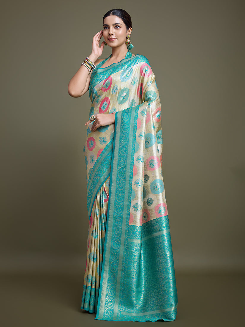 Monjolika Fashion Elegant Turquoise And Cream Banarasi Silk SareeWith Intricate Zari Work