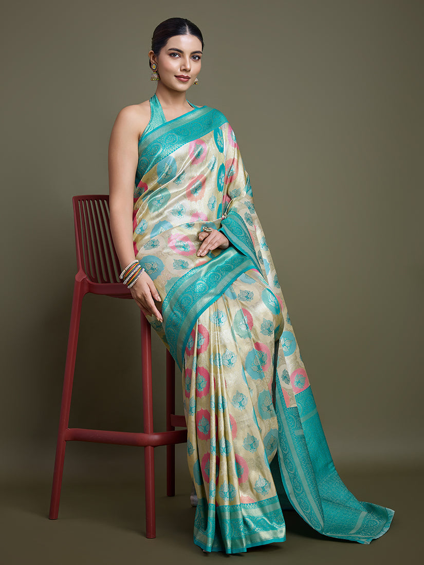 Monjolika Fashion Elegant Turquoise And Cream Banarasi Silk SareeWith Intricate Zari Work
