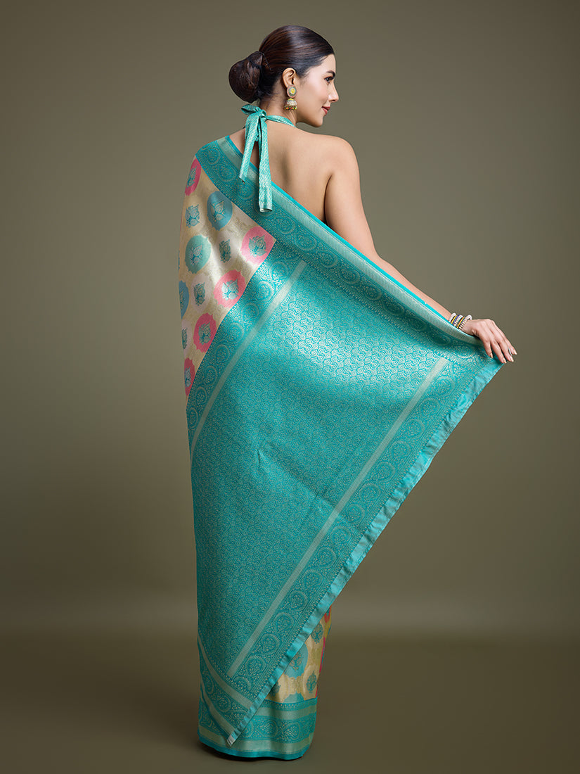 Monjolika Fashion Elegant Turquoise And Cream Banarasi Silk SareeWith Intricate Zari Work