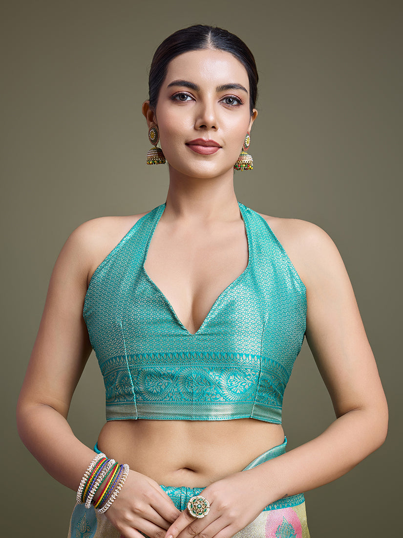 Monjolika Fashion Elegant Turquoise And Cream Banarasi Silk SareeWith Intricate Zari Work