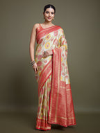 Monjolika Fashion Elegant Red And Cream Banarasi Silk SareeWith Intricate Zari Work