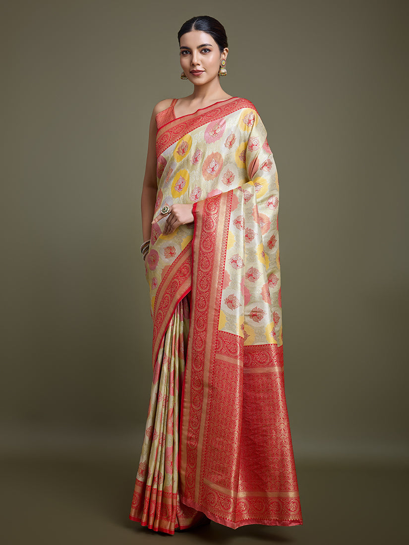 Monjolika Fashion Elegant Red And Cream Banarasi Silk SareeWith Intricate Zari Work