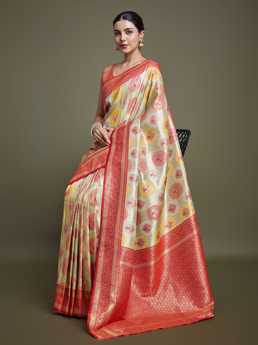 Monjolika Fashion Elegant Red And Cream Banarasi Silk SareeWith Intricate Zari Work