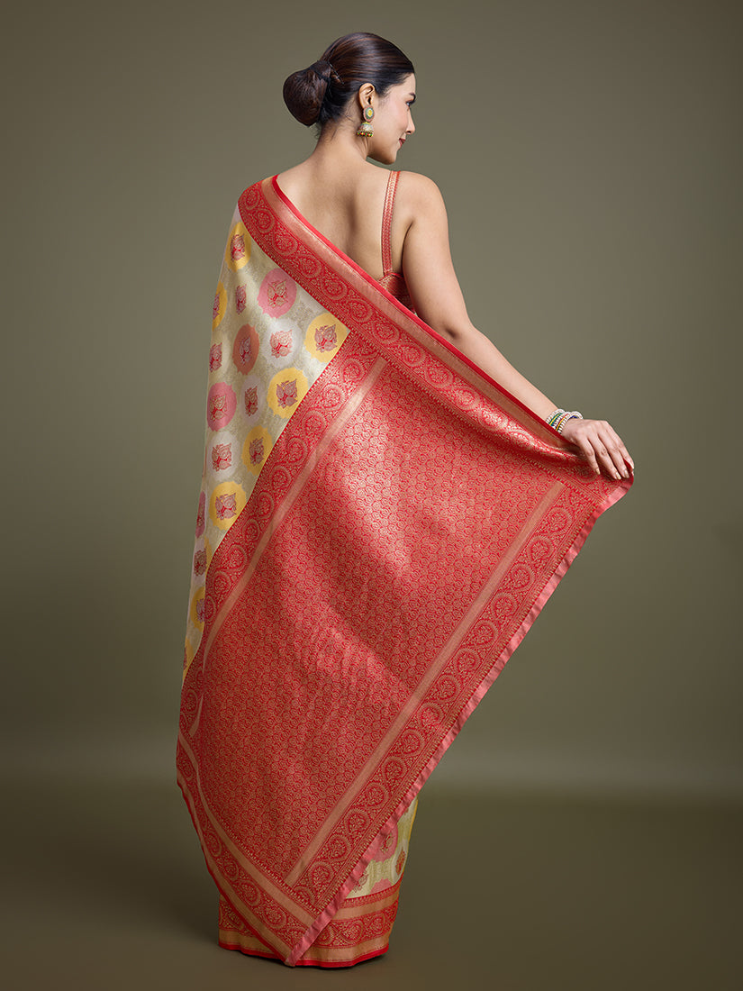 Monjolika Fashion Elegant Red And Cream Banarasi Silk SareeWith Intricate Zari Work