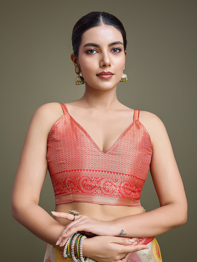 Monjolika Fashion Elegant Red And Cream Banarasi Silk SareeWith Intricate Zari Work