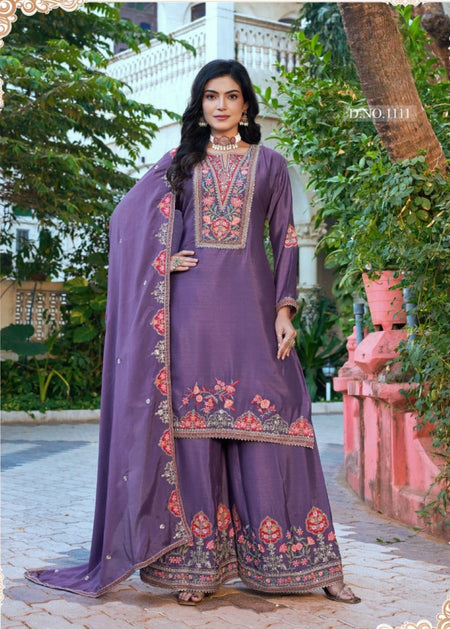 Anaita Purple Chinon Stitched Plazzo Suit With Codding Dori & Sequence Work
