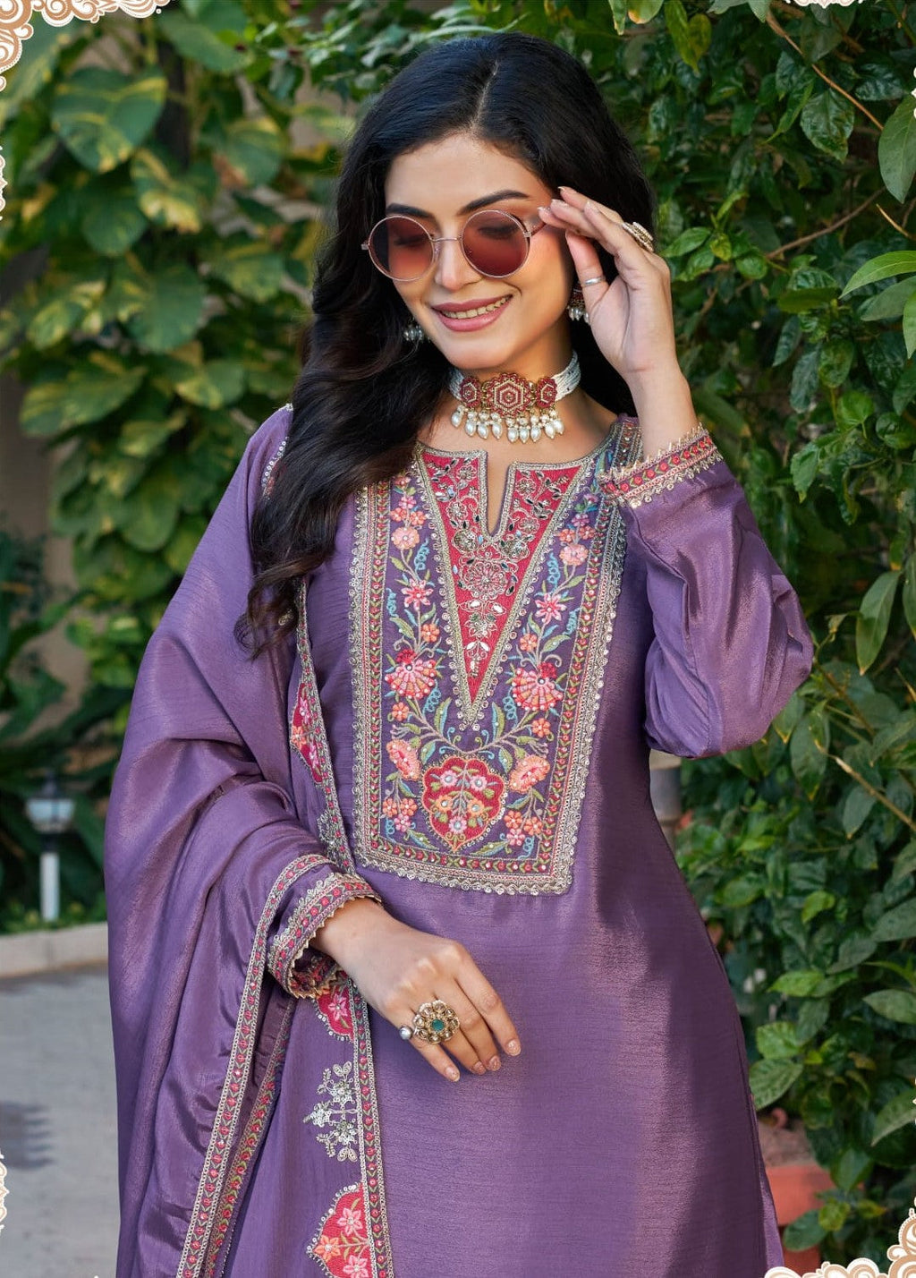 Anaita Purple Chinon Stitched Plazzo Suit With Codding Dori & Sequence Work - Distacart