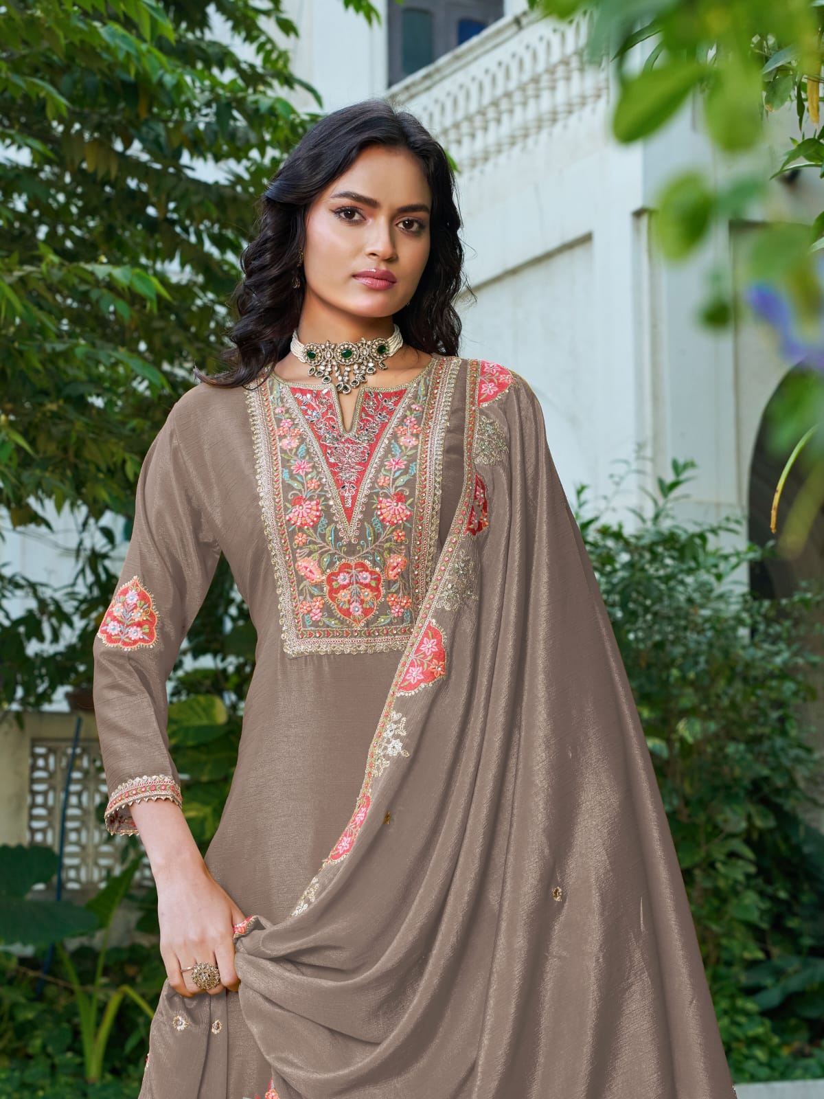 Anaita Chiku Chinon Stitched Plazzo Suit With Codding Dori & Sequence Work - Distacart