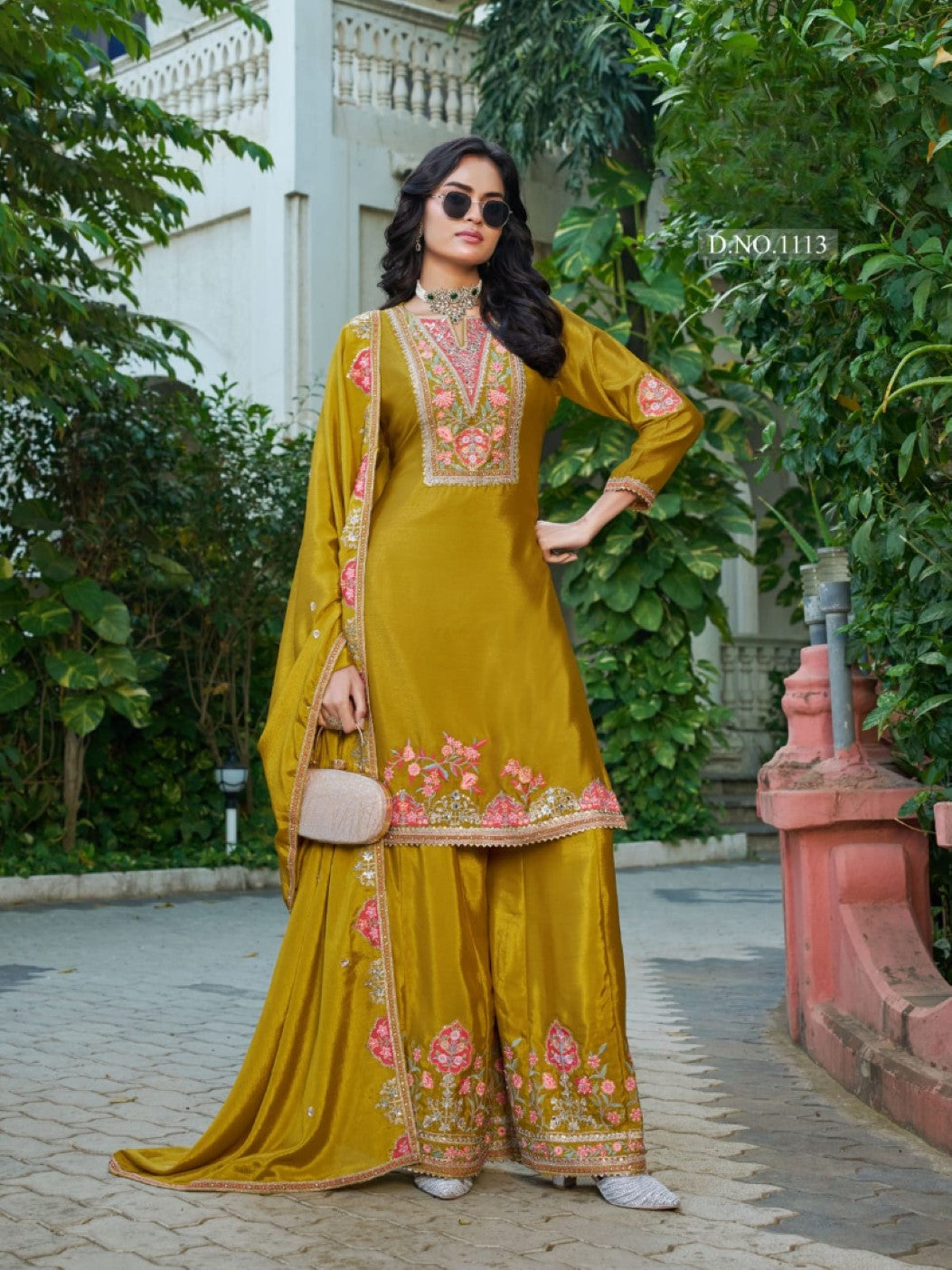 Anaita Mustard Chinon Stitched Plazzo Suit With Codding Dori & Sequence Work - Distacart