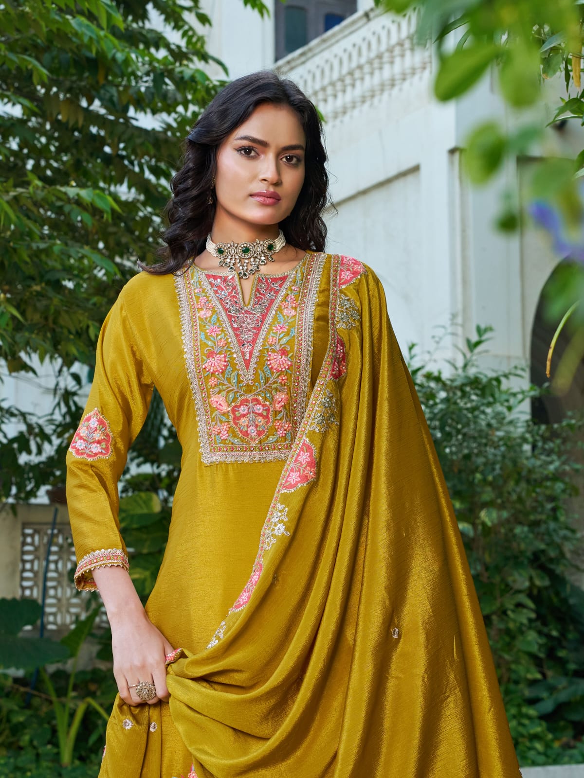 Anaita Mustard Chinon Stitched Plazzo Suit With Codding Dori & Sequence Work - Distacart
