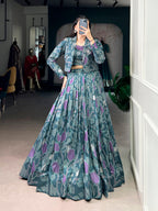 Lorenvalley Fashion Teal Tasar Silk Printed Lehenga Choli with Koti - Distacart
