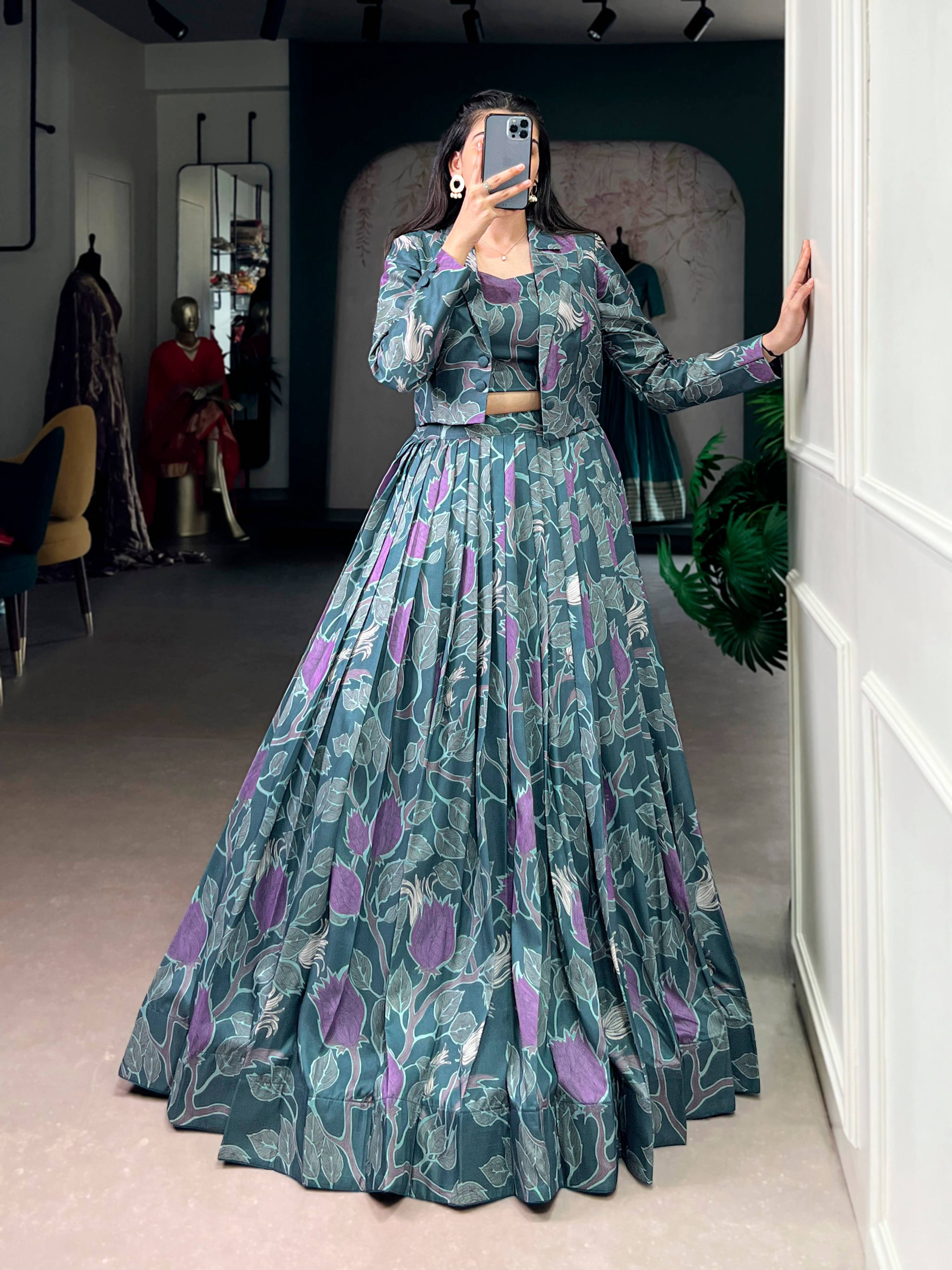 Lorenvalley Fashion Teal Tasar Silk Printed Lehenga Choli with Koti - Distacart